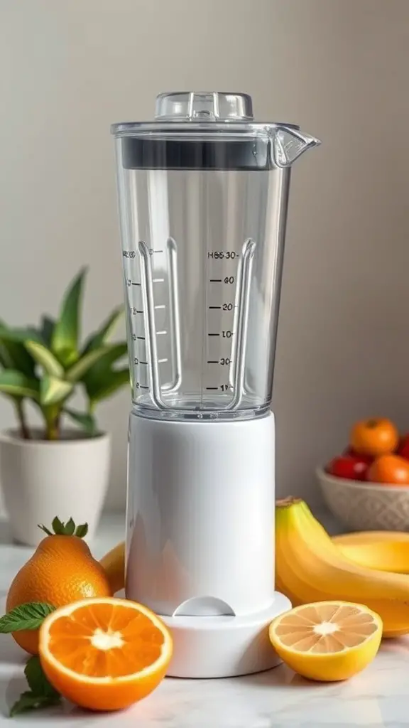A smoothie blender with fruits around it, including oranges, lemons, and bananas.