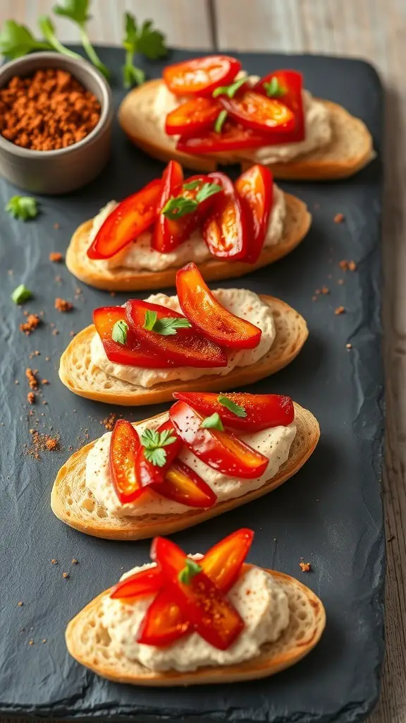 Crostini topped with hummus and roasted red peppers on a slate board.