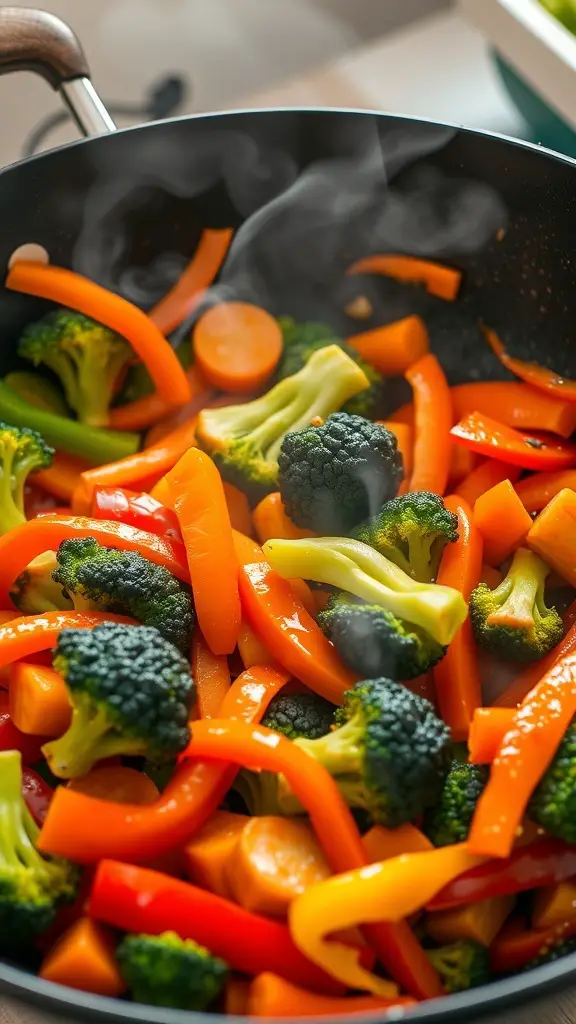A colorful mix of broccoli, bell peppers, and carrots being stir-fried in a pan.