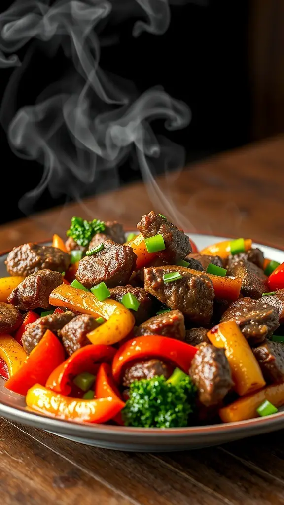 A plate of beef and vegetable stir-fry with colorful bell peppers and broccoli, steaming hot.
