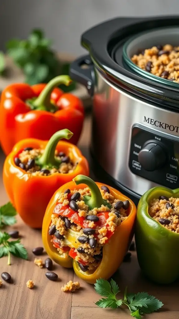 Colorful stuffed bell peppers filled with quinoa and black beans next to a crockpot.