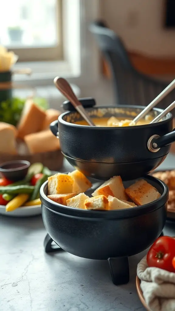 A pot of melted Swiss cheese fondue with bread cubes for dipping.