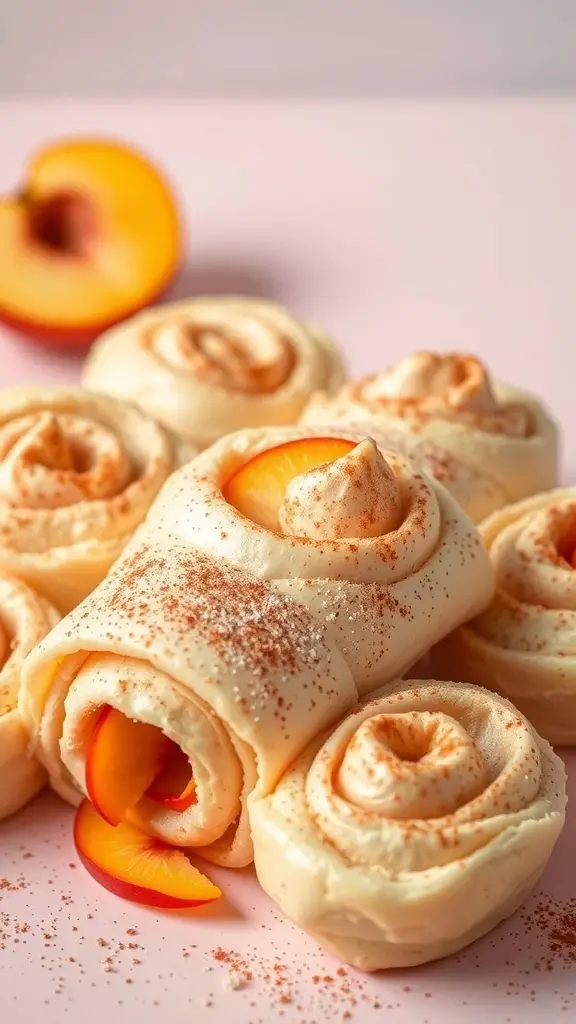 Peach and cream cheese puff pastry rolls on a pink background
