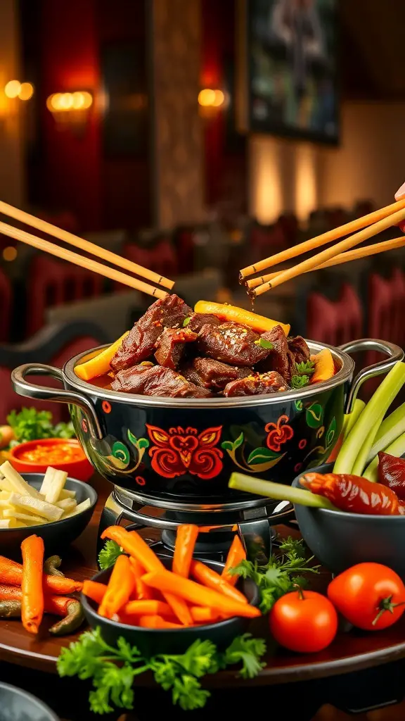 A colorful beef fondue pot with fresh vegetables and beef slices ready for dipping