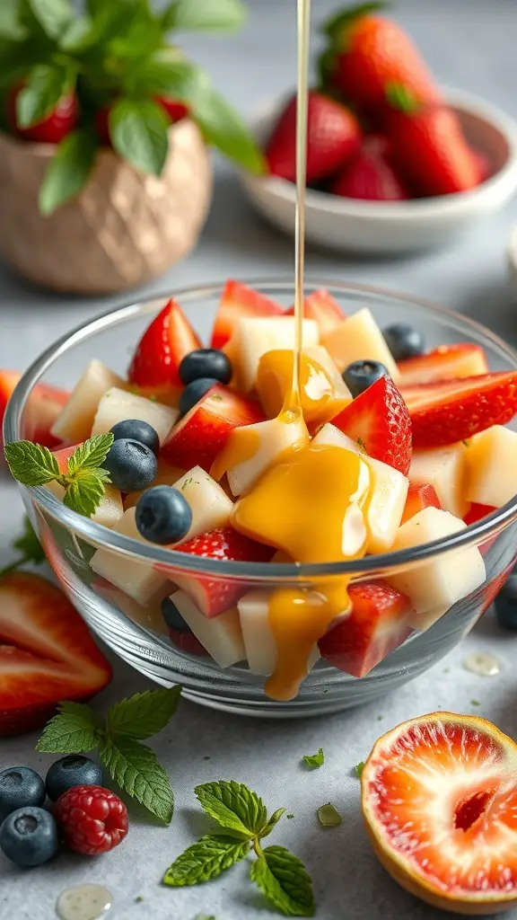 A bowl of fruit salad with strawberries, blueberries, and honey lime dressing