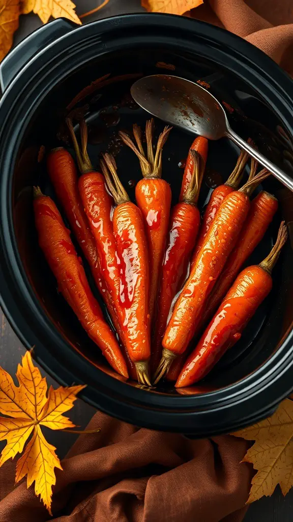 Crock pot filled with maple-glazed carrots, surrounded by autumn leaves and a brown cloth.