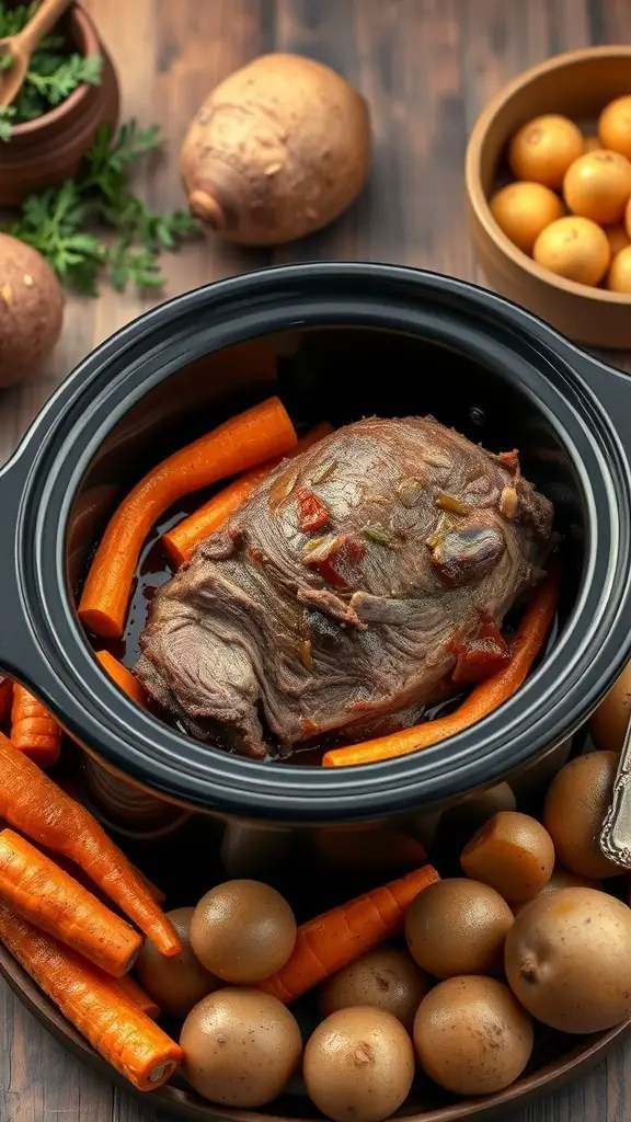 A slow cooker filled with pot roast and vegetables, including carrots and potatoes, ready to be served.