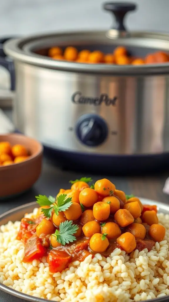 A bowl of Moroccan Chickpea Stew with Couscous, featuring chickpeas in a rich tomato sauce, garnished with fresh herbs.