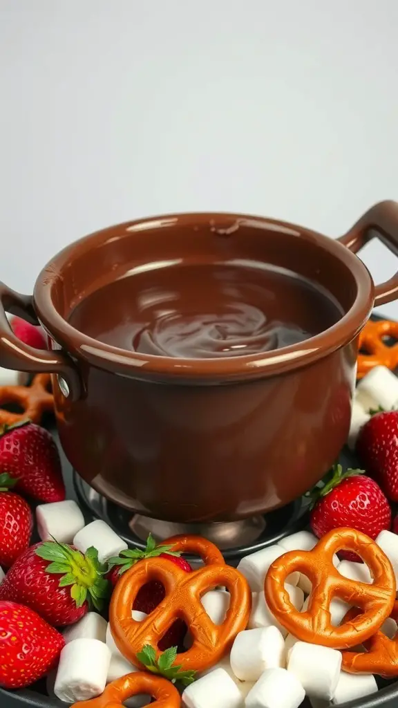 A pot of melted chocolate surrounded by strawberries, pretzels, and marshmallows.
