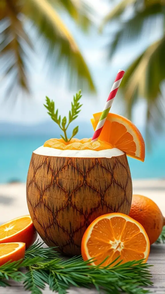 A tropical carrot citrus blend served in a coconut cup with orange slices and greenery.