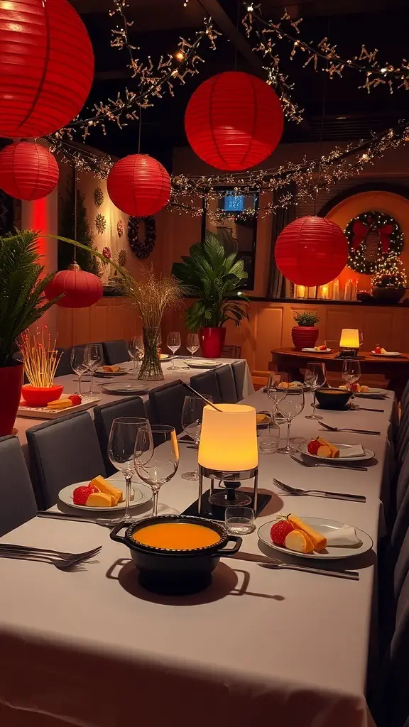A beautifully decorated fondue party table with red lanterns and a central fondue pot.