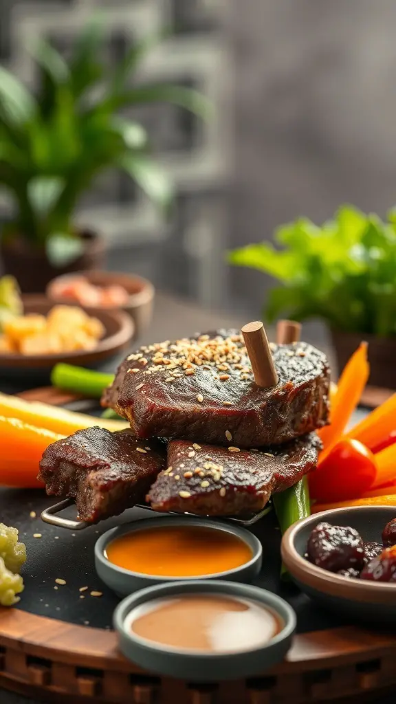 Asian Sesame Steak Fondue with grilled steak and colorful vegetables