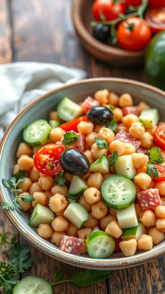 A bowl of Mediterranean Chickpea Salad with cucumbers, tomatoes, olives, and chickpeas.