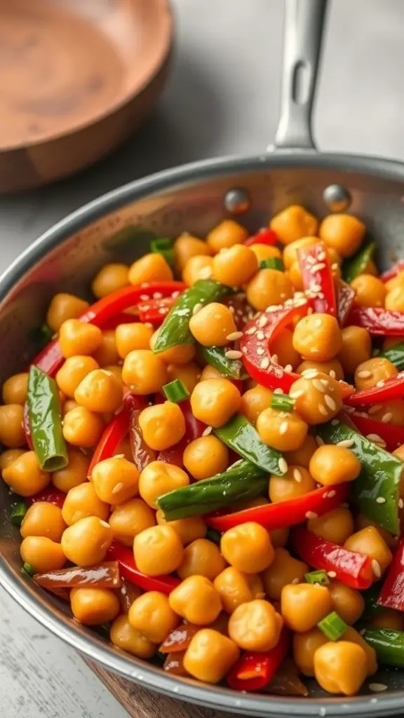 A colorful chickpea stir-fry with vegetables in a pan, garnished with sesame seeds.