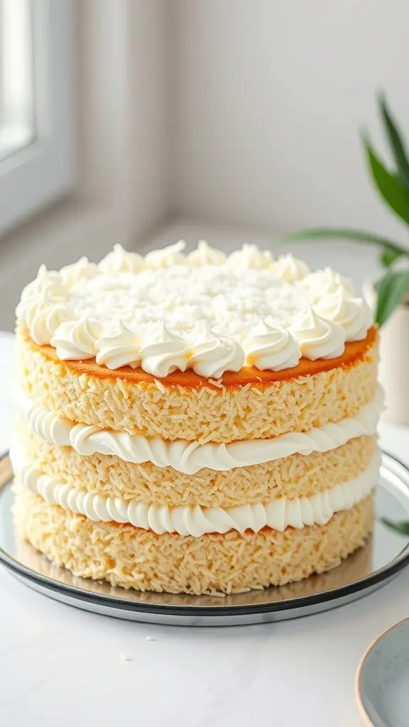 A layered coconut cream cake with frosting and coconut flakes on top.