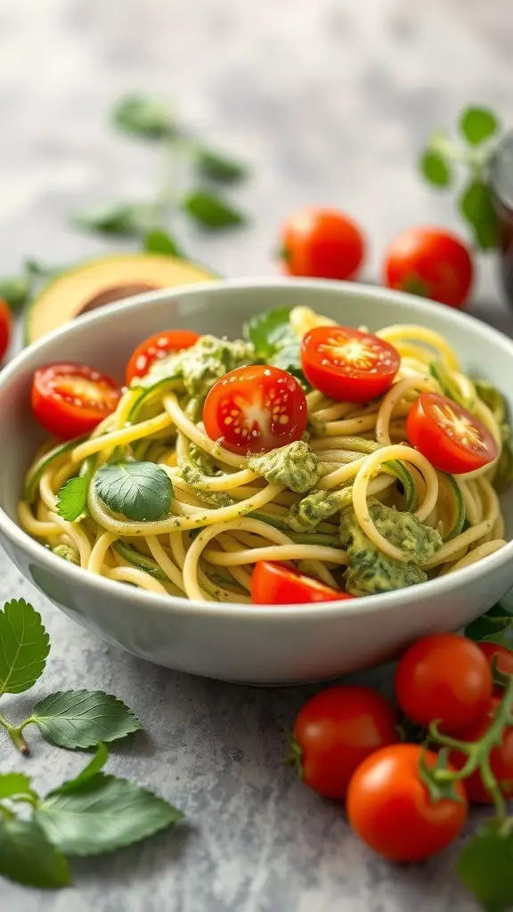 A bowl of zucchini noodles topped with avocado pesto and cherry tomatoes