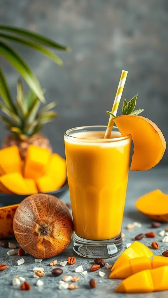 A refreshing mango smoothie in a glass with mango slices and mint garnish, surrounded by fresh mango chunks and sapodilla.