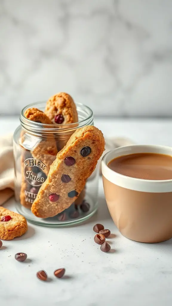 A jar of nutty biscotti with dried fruits beside a cup of coffee.
