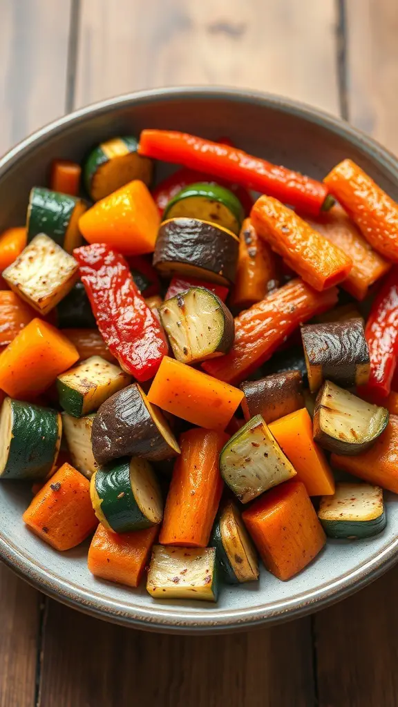 A bowl of colorful roasted vegetables including zucchini, bell peppers, carrots, and eggplant.