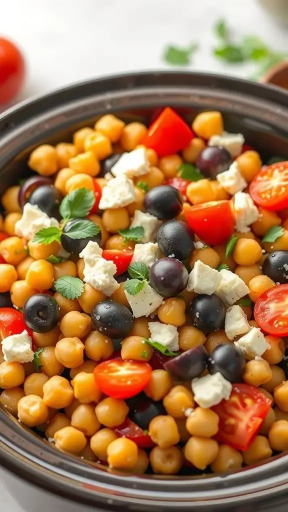 A bowl of Mediterranean Chickpea Salad with chickpeas, cherry tomatoes, olives, and feta cheese.
