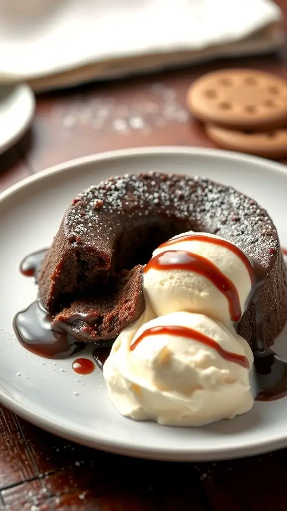 A plate of chocolate lava cake with a scoop of vanilla ice cream and chocolate sauce.