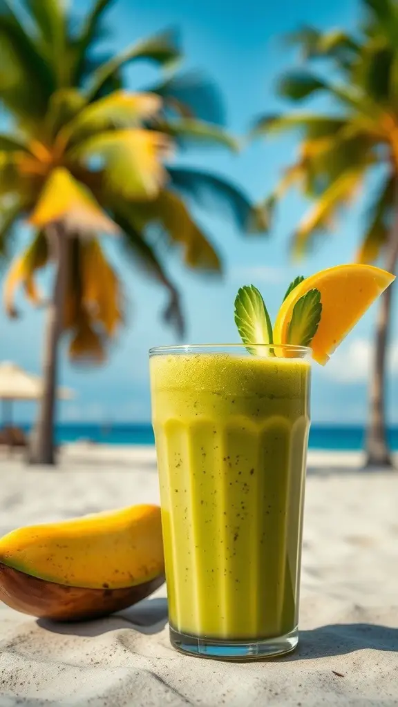 A refreshing Tropical Green Protein Smoothie in a glass, with a banana and palm trees in the background.
