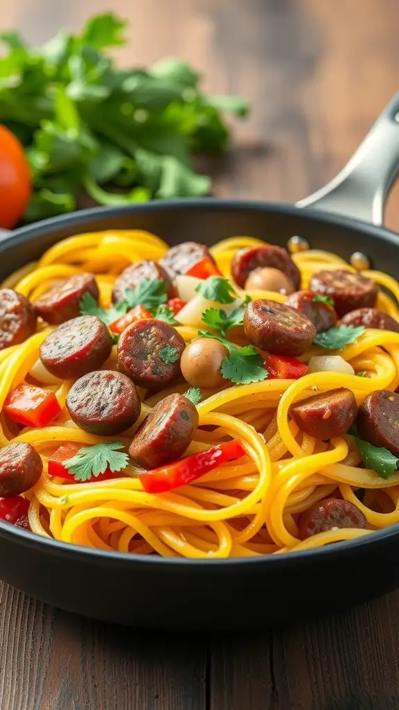 A delicious plate of spaghetti squash with sausage and peppers, garnished with fresh herbs.
