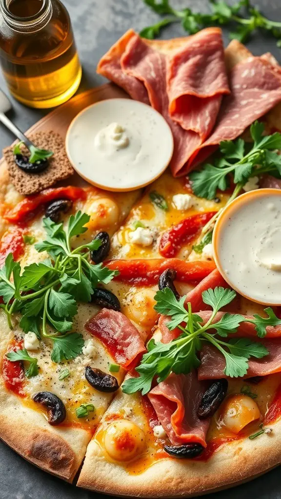 Gourmet pizza topped with meats, olives, herbs, and sauces