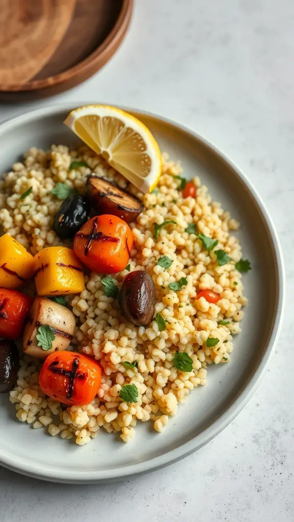 A plate of herbed couscous with grilled vegetables, garnished with a lemon slice.