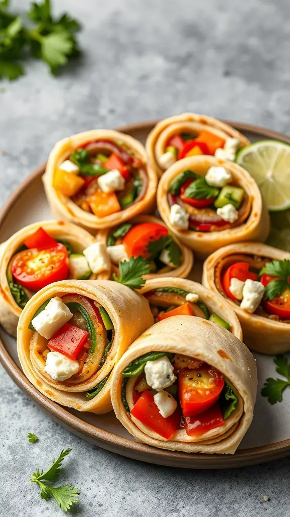 A plate of Mediterranean veggie pinwheels with colorful vegetables and cheese