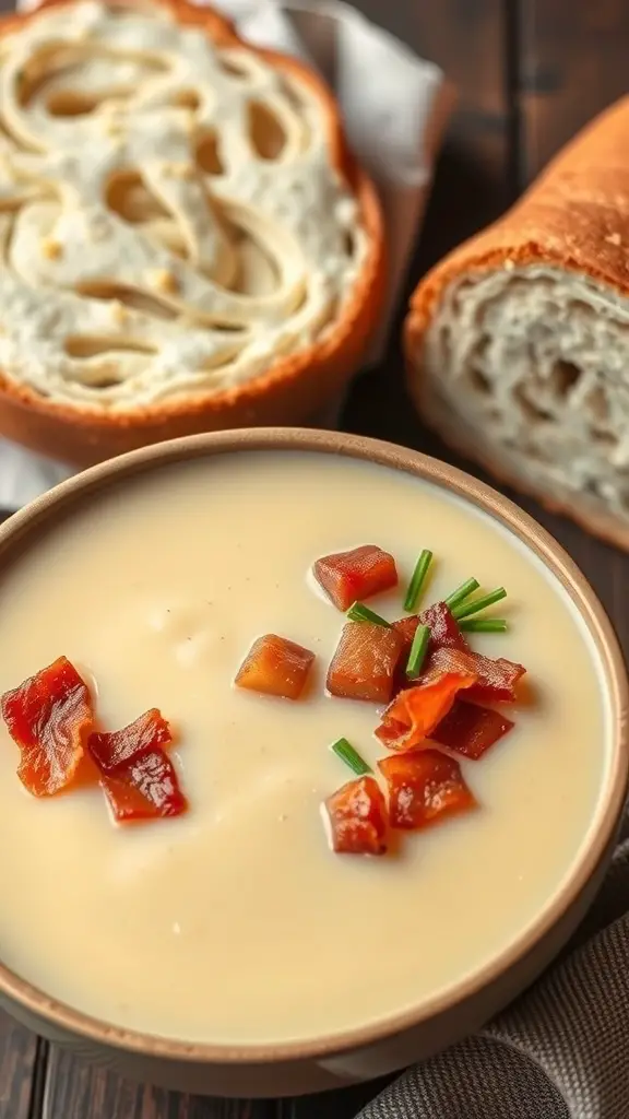 A bowl of creamy potato soup topped with bacon bits and chives, with slices of bread in the background.