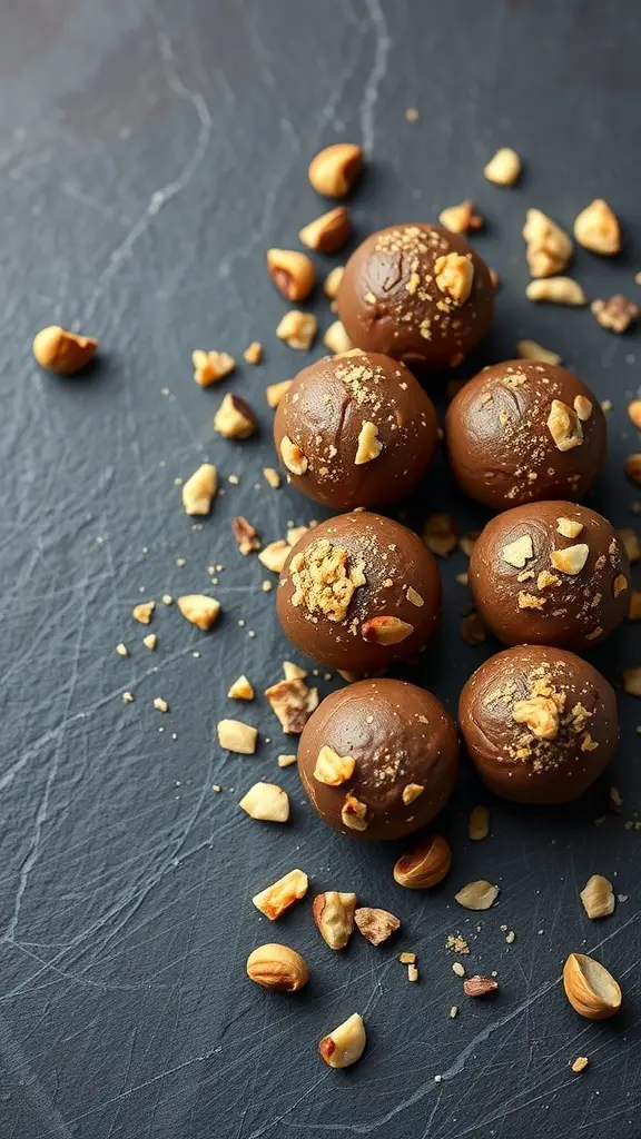 A close-up of chocolate hazelnut protein balls sprinkled with crushed hazelnuts on a dark surface.