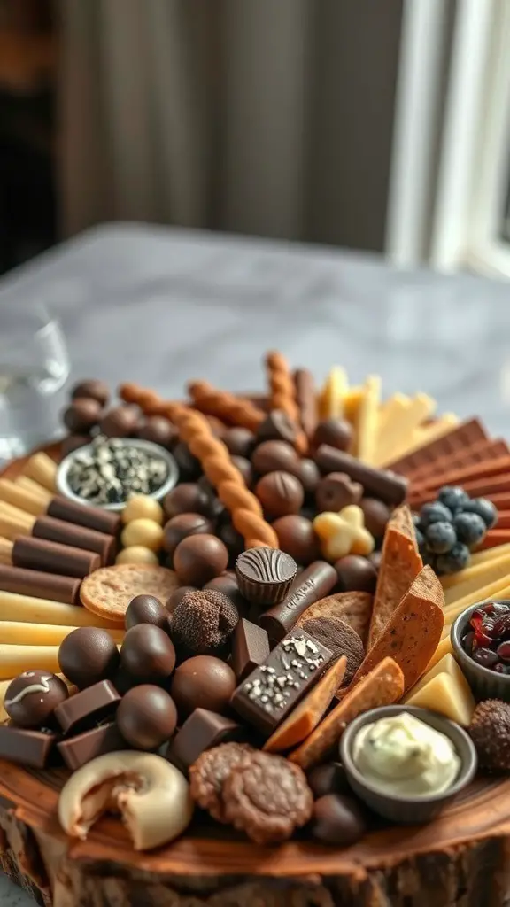 A beautifully arranged chocolate indulgence board featuring various chocolates, cookies, and fruits.