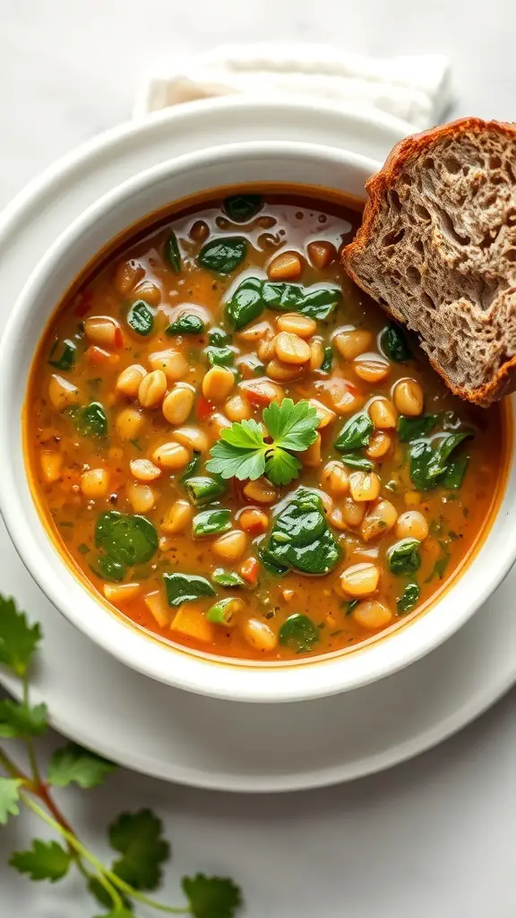 A bowl of lentil soup with spinach, garnished with a sprig of parsley and served with a slice of bread.