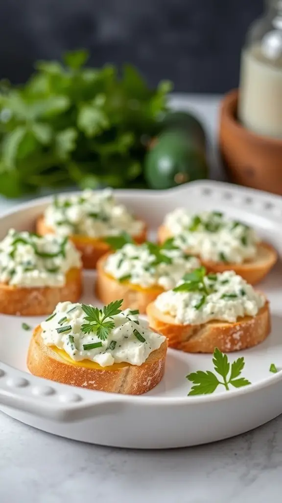Crostini topped with zucchini and ricotta spread, garnished with herbs