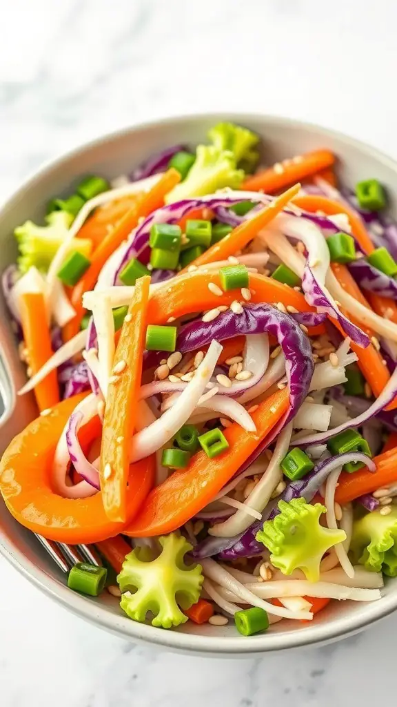 A bowl of Asian-style cabbage salad with colorful vegetables like purple cabbage, carrots, and bell peppers, topped with sesame seeds.