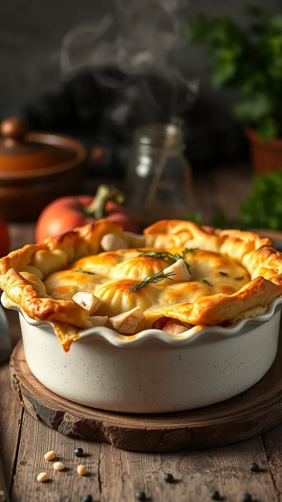 A freshly baked chicken pot pie with a golden crust and steam rising from it.