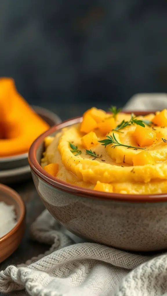 A bowl of creamy herbed squash mash topped with fresh herbs and diced squash.