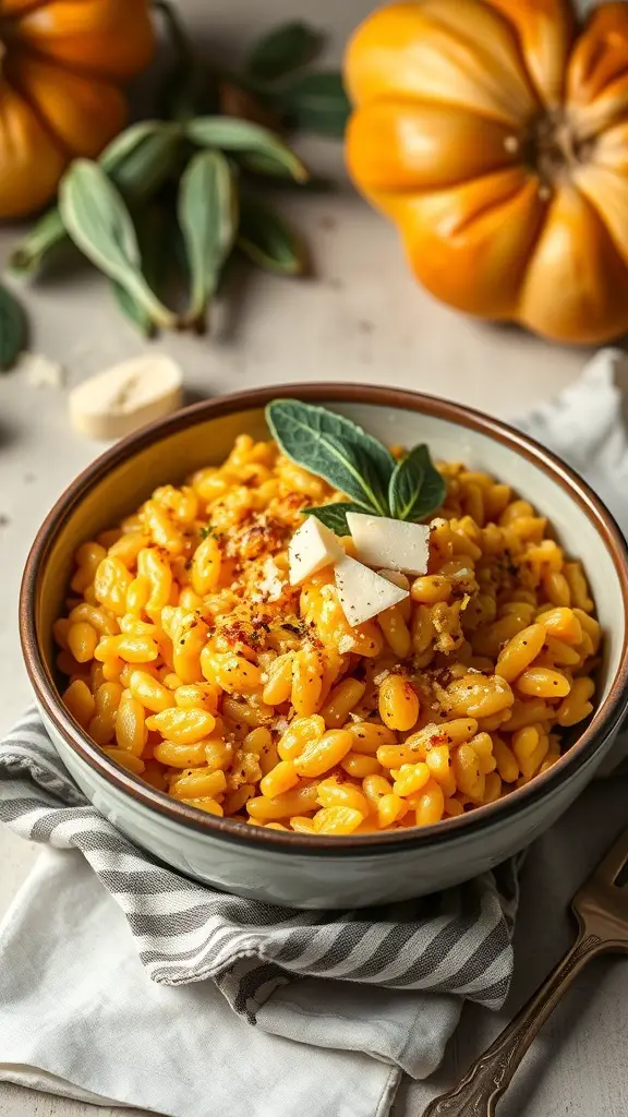 A bowl of creamy butternut squash risotto garnished with cheese and herbs, with pumpkins in the background.