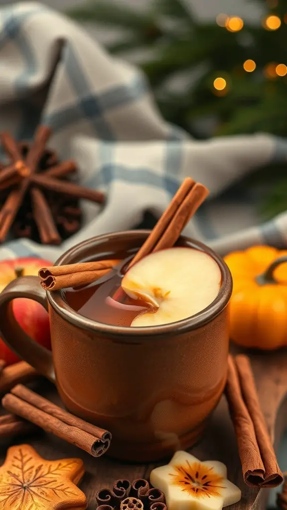 A cozy mug of spiced apple cider with cinnamon sticks and apple slices, surrounded by festive decorations.