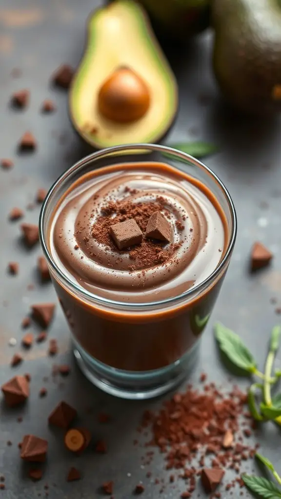 A glass of chocolate mousse topped with cocoa powder and chocolate pieces, with an avocado in the background.