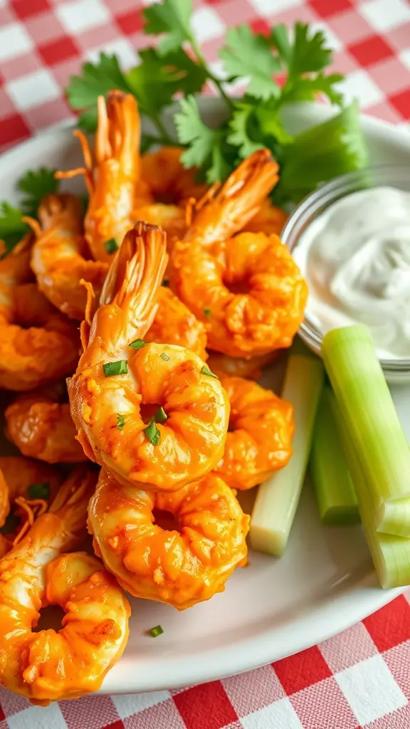 Plate of buffalo shrimp with blue cheese dip and celery sticks