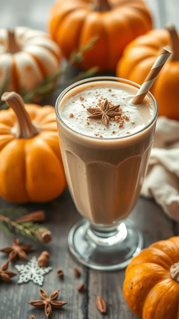 A creamy spiced pumpkin pie smoothie in a glass, surrounded by decorative pumpkins and spices.