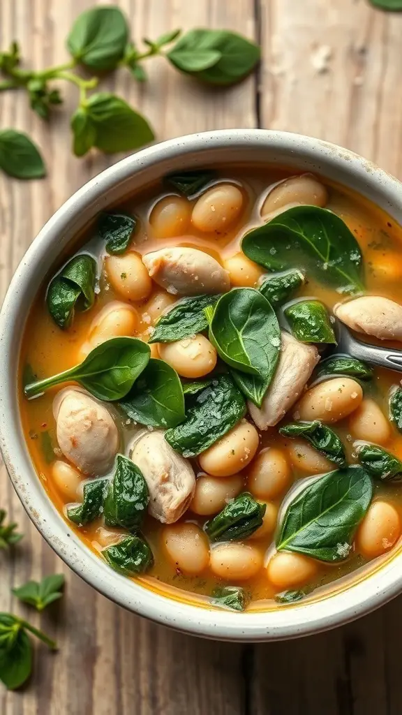 A bowl of Italian chicken soup with spinach, white beans, and herbs on a wooden table.