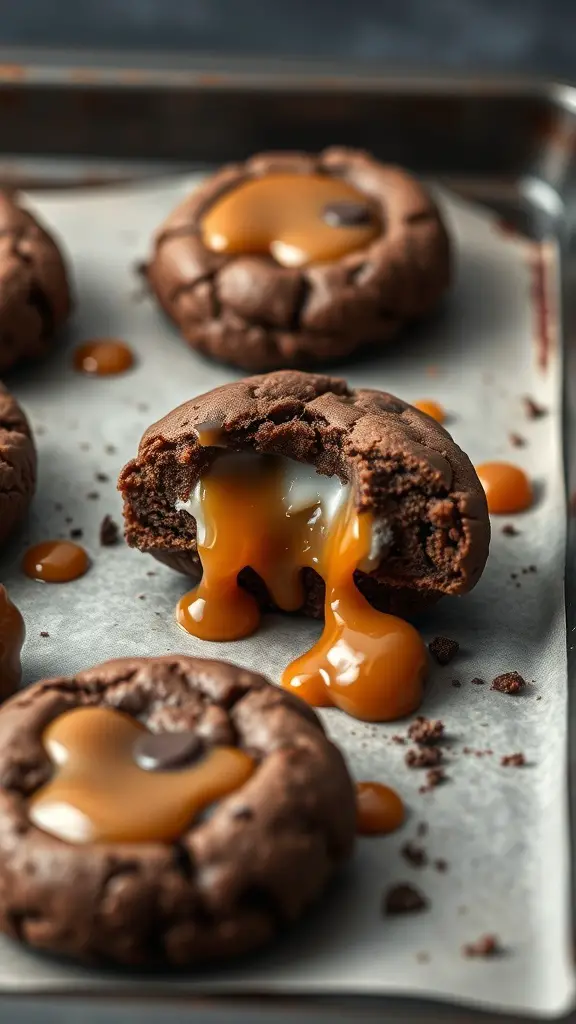 Close-up of caramel stuffed chocolate cookies with gooey caramel filling