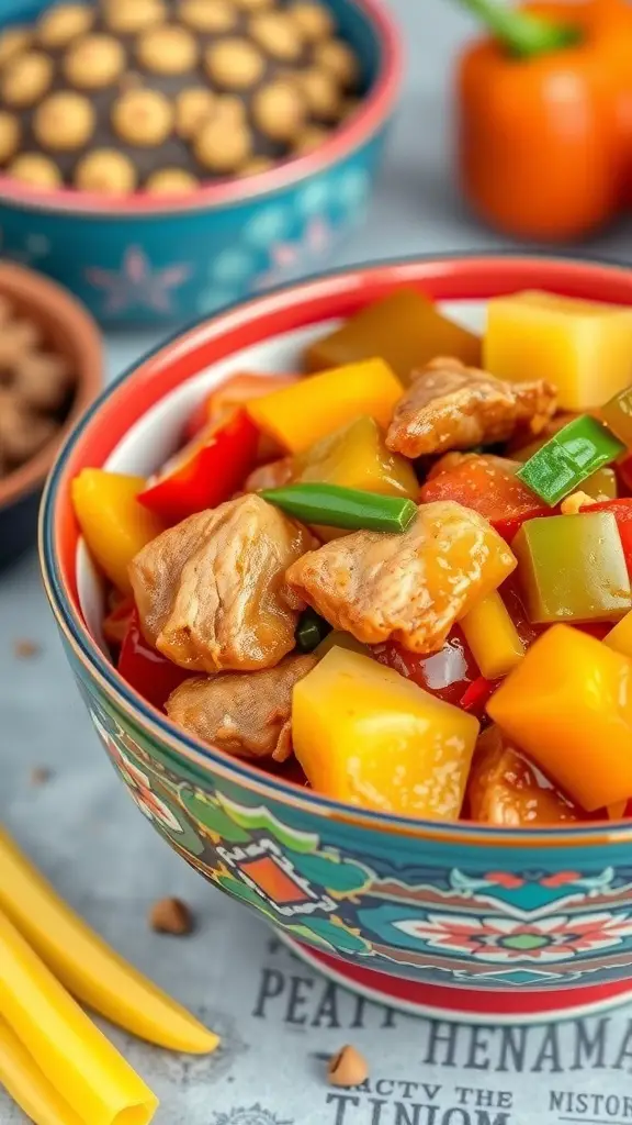 A colorful bowl of sweet and sour pork with bell peppers and pineapple.