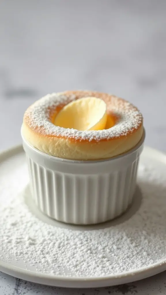 A vanilla condensed milk soufflé in a white ramekin, dusted with powdered sugar.