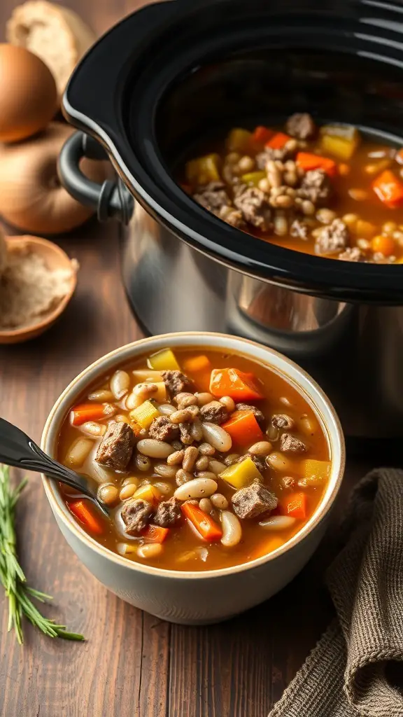 A bowl of Classic Beef and Barley Soup with a slow cooker in the background.