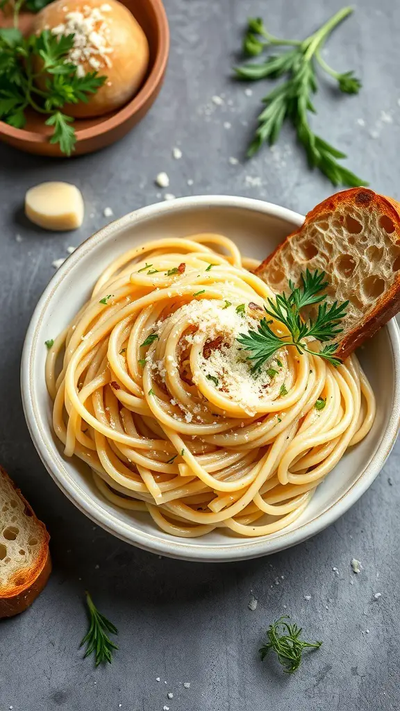 A bowl of creamy garlic pasta with a slice of bread and fresh herbs