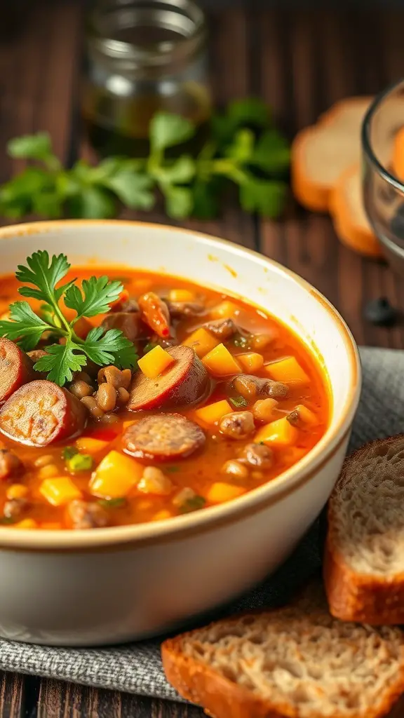 A bowl of spicy sausage and lentil soup garnished with fresh herbs, served with slices of bread.